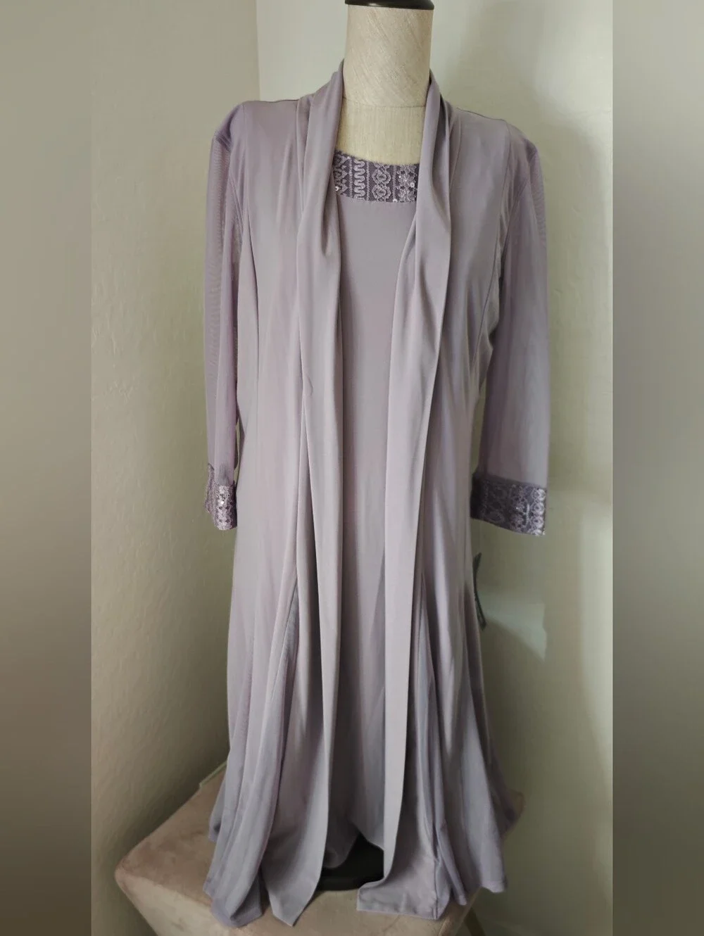 R&M Richards Lavender Long Sleeve Dress with Lace Trim 2 Piece With Jacket